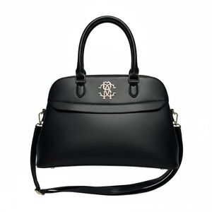 Roberto Cavalli Black Leather Dome Satchel with Gold Logo